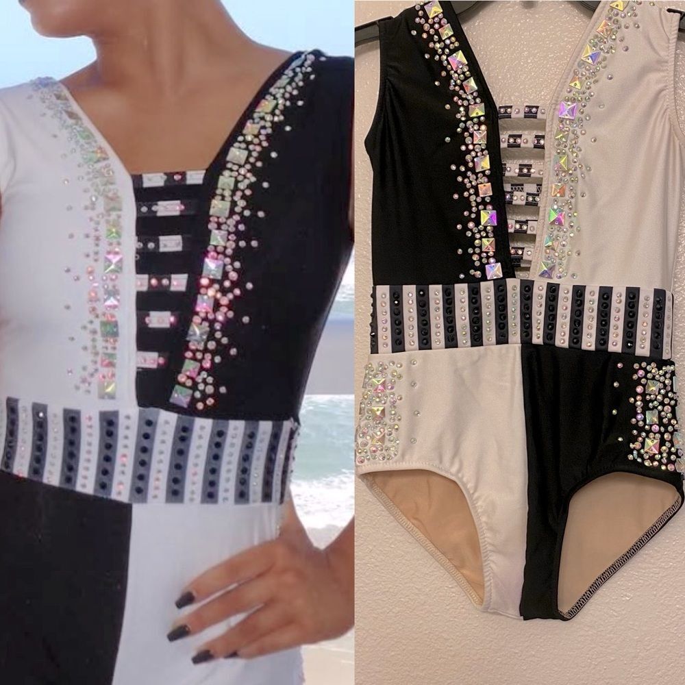 Glamour Black and White Sequin Split-Panel Dance Leotard